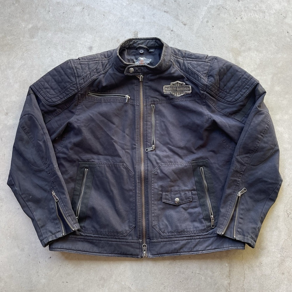 HARLEY DAVIDSON Motorcycle Biker Jacket Black Canvas Embroidered Patch Size XL